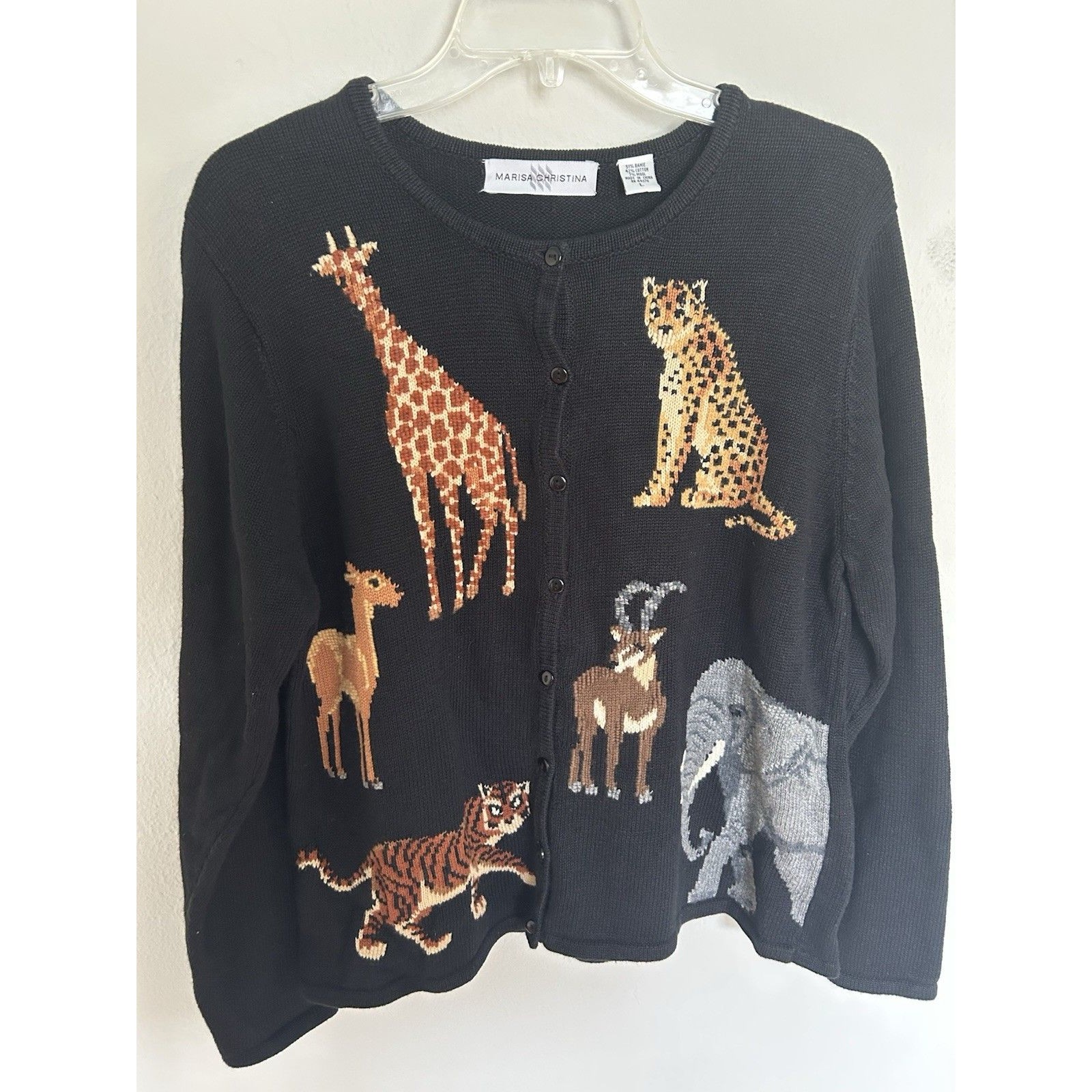 Marisa Cristina 90s Vintage Black Embroidered Safari Animal Cardigan Size Large